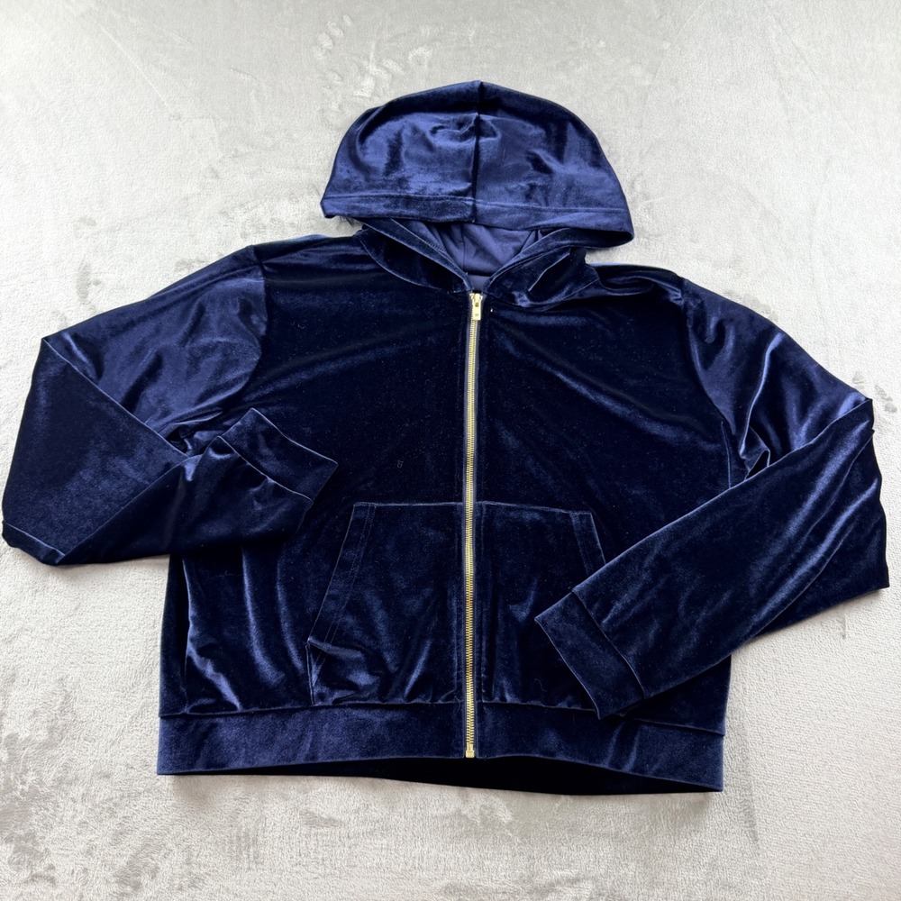 Fabletics Women's XL Navy Blue Velvet Velour Full Zip Hoodie Long Sleeve